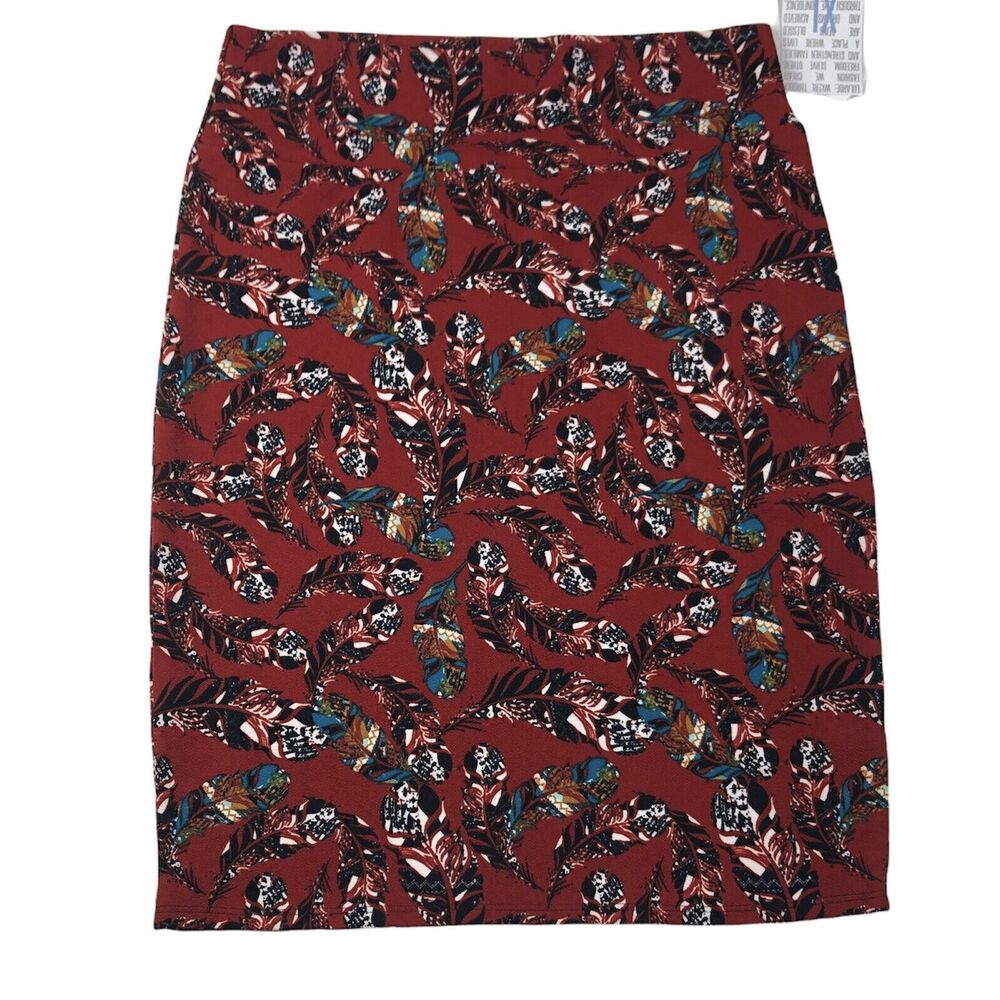 NWT Lularoe Cassie Black Red Feather Print Pencil Skirt Women's Size XL